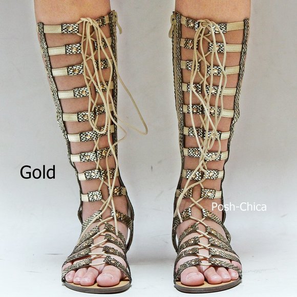 New Gold Elastic Lace Up Gladiator Knee High Sandals - Picture 2 of 3
